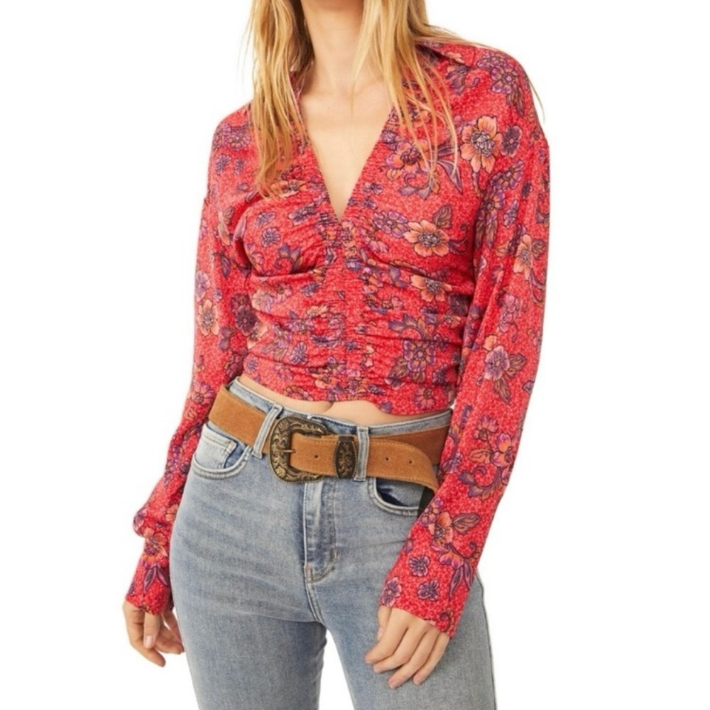 Free People Red Floral Ruched Long Sleeve V-Neck Top